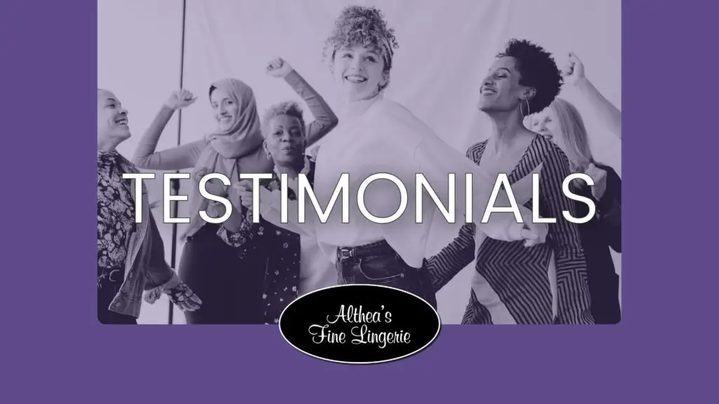 A promotional graphic for "Testimonials" at Althea's Fine Lingerie. The image shows a group of diverse, joyful women standing together with raised arms in celebration. The word "TESTIMONIALS" is prominently displayed in large white letters across the center, with the store's logo featuring cursive text below, set against a purple background.