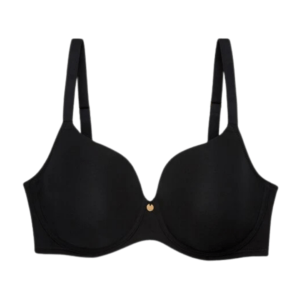 Black bra: Black underwire bra with smooth, molded cups and adjustable straps, featuring a small gold charm at the center front.