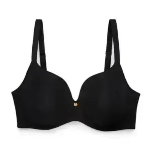 Black bra: Black underwire bra with smooth, molded cups and adjustable straps, featuring a small gold charm at the center front.