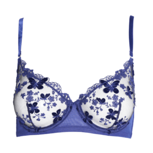 Blue embroidered bra: Sheer underwire bra with royal blue floral embroidery and velvet texture, featuring scalloped lace edges and adjustable straps.