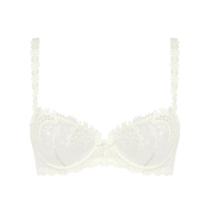 White lace bra: Ivory lace underwire bra with floral embroidery, a small center bow, and decorative lace straps.