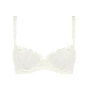 White lace bra: Ivory lace underwire bra with floral embroidery, a small center bow, and decorative lace straps.