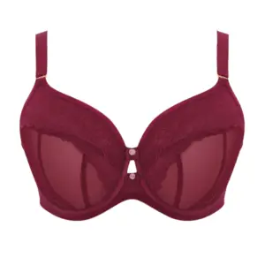 Burgundy bra: Deep red underwire bra with sheer lower cups, lace upper cups, a keyhole cutout at the center, and dual front buttons.