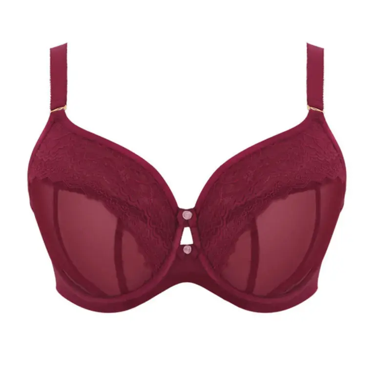 Burgundy bra: Deep red underwire bra with sheer lower cups, lace upper cups, a keyhole cutout at the center, and dual front buttons.