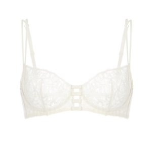 Strappy lace bra: Sheer white lace underwire bra with a cut-out center design featuring horizontal strap details and double shoulder straps.