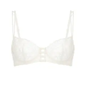Strappy lace bra: Sheer white lace underwire bra with a cut-out center design featuring horizontal strap details and double shoulder straps.
