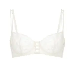 Strappy lace bra: Sheer white lace underwire bra with a cut-out center design featuring horizontal strap details and double shoulder straps.