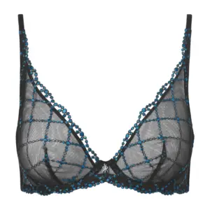 Black and blue gem bra: Sheer black underwire bra with a grid pattern formed by blue beaded embellishments and a small bow at the center front.