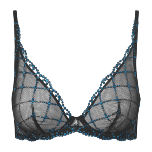 Black and blue gem bra: Sheer black underwire bra with a grid pattern formed by blue beaded embellishments and a small bow at the center front.