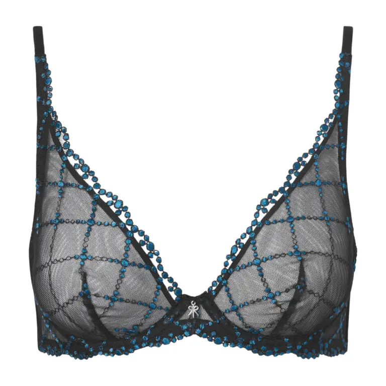 Black and blue gem bra: Sheer black underwire bra with a grid pattern formed by blue beaded embellishments and a small bow at the center front.