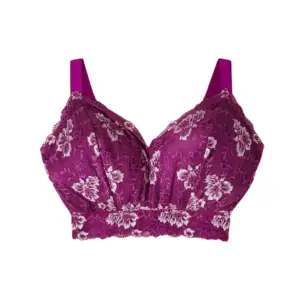 Purple floral lace bralette: Full-coverage wireless bralette in deep purple with white floral lace overlay and wide supportive band.