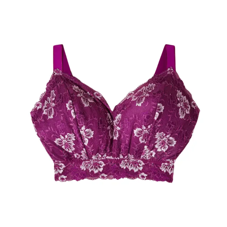 Purple floral lace bralette: Full-coverage wireless bralette in deep purple with white floral lace overlay and wide supportive band.