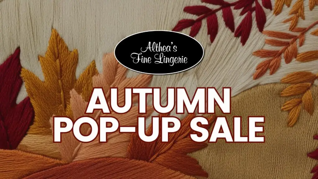 Althea’s Fine Lingerie Autumn Pop-Up Sale graphic with embroidered fall leaves in red, gold, and orange tones, promoting seasonal lingerie sale in Milwaukee.