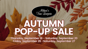 Althea’s Fine Lingerie Autumn Pop-Up Sale graphic with embroidered fall leaves in red, gold, and orange tones, promoting seasonal lingerie sale in Milwaukee. Thursday, September 18 Friday, September 19 Saturday, September 20 Friday, September 26 Saturday, September 27