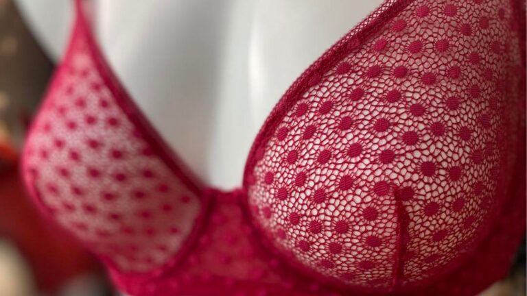 Berry lace boudoir-style bra displayed at Althea’s Fine Lingerie in Milwaukee
