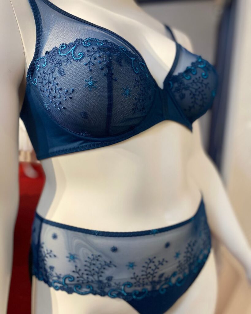 Blue embroidered lingerie set displayed on a mannequin at Althea’s Fine Lingerie in Milwaukee
